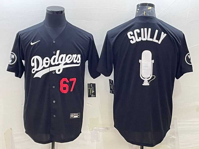 Mens Los Angeles Dodgers #67 Vin Scully Black Red Big Logo With Vin Scully Patch Stitched Jersey